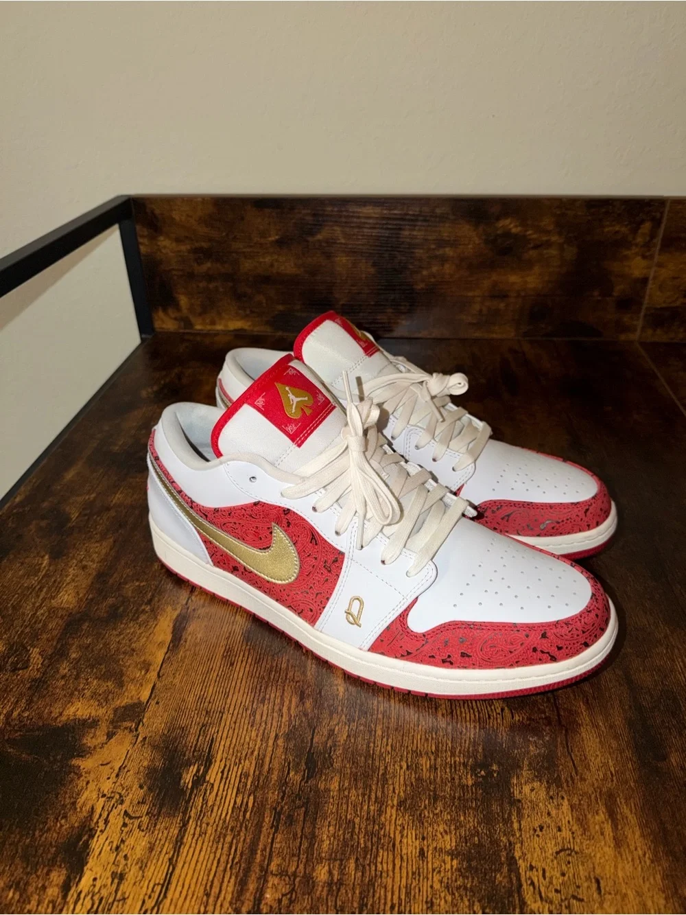 Jordan Low-Top Sneakers in White, Red, and Gold